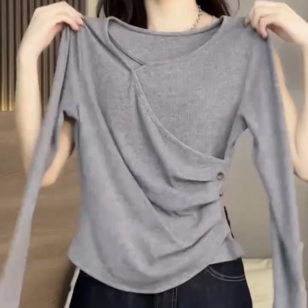 时尚装饰扣子纯色收腰修身显瘦洋气长袖上衣