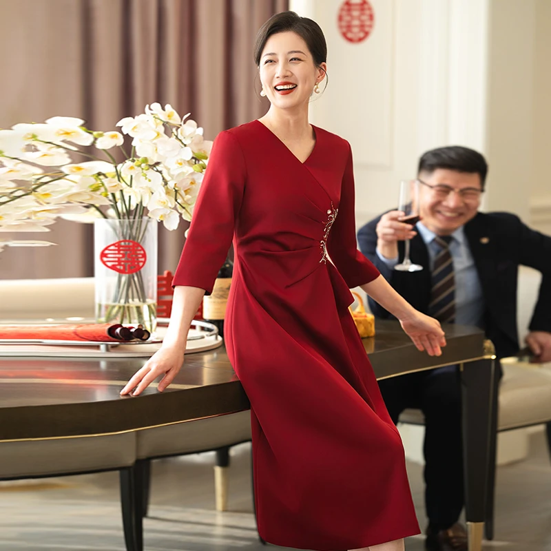 V领喜婆婆喜妈妈婚宴装夏装婚礼服装结婚妈妈装丈母娘喜服连衣裙