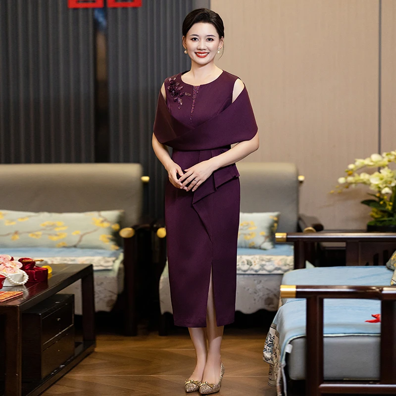 紫色高贵喜婆婆喜妈妈婚宴装2025新款夏装婚礼服装结婚高档妈妈装