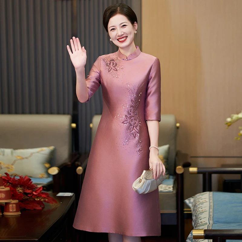 紫色高端喜婆婆喜妈妈婚宴装婚礼服装丈母娘改良旗袍连衣裙秋装