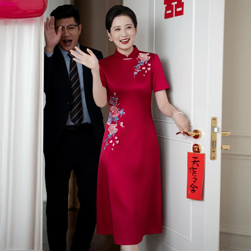 高档醋酸妈妈装喜婆婆喜妈妈婚宴装秋装婚礼服装丈母娘旗袍连衣裙