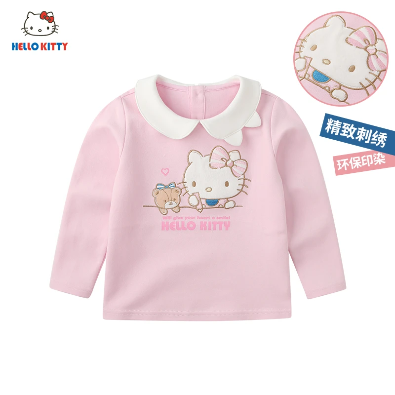 Hello Kitty童装女童春秋长袖T恤新款可爱套头绣花蝴蝶领T恤