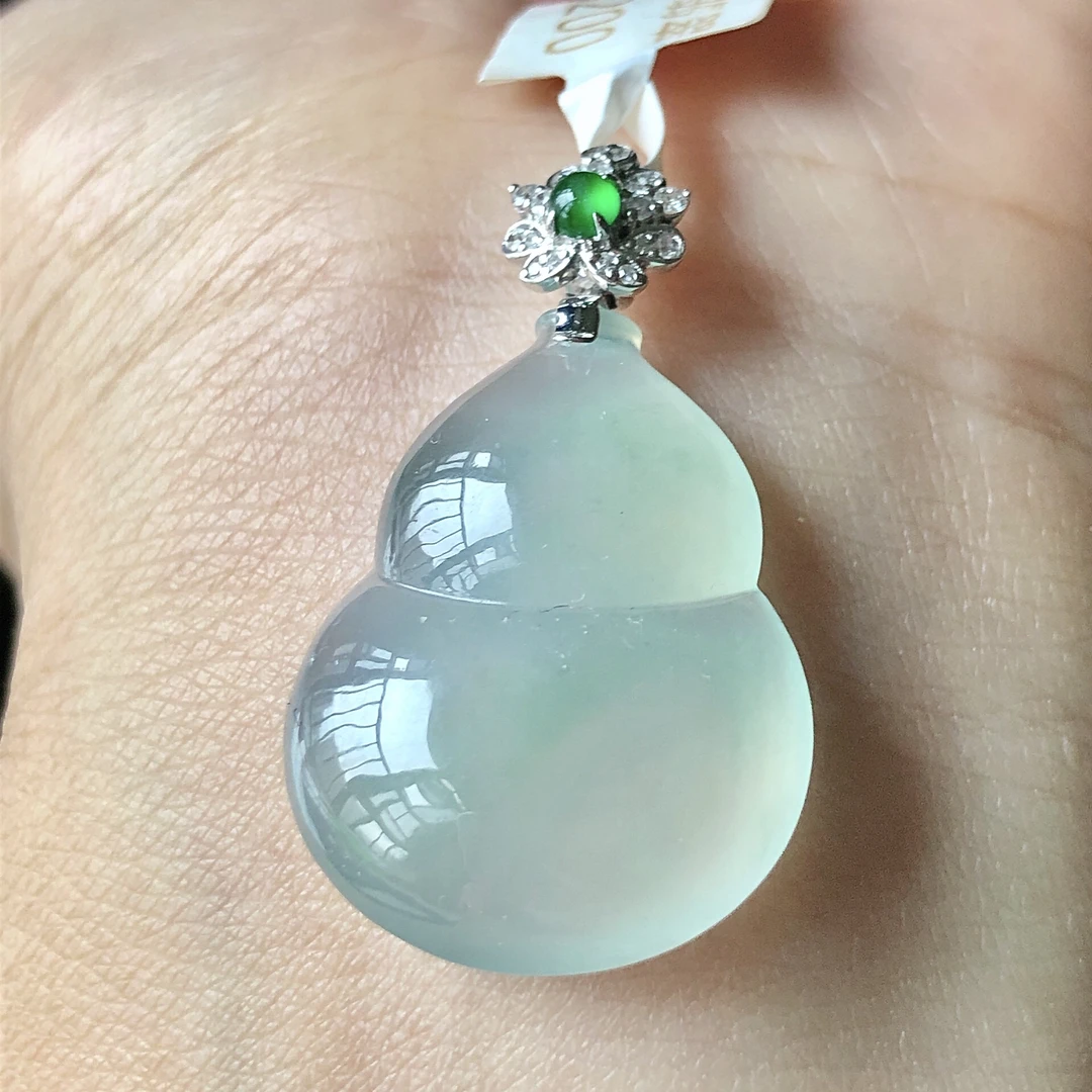 天然A货缅甸翡翠18k金镶嵌老坑冰种葫芦吊坠挂件裸石25/19.4/5.7