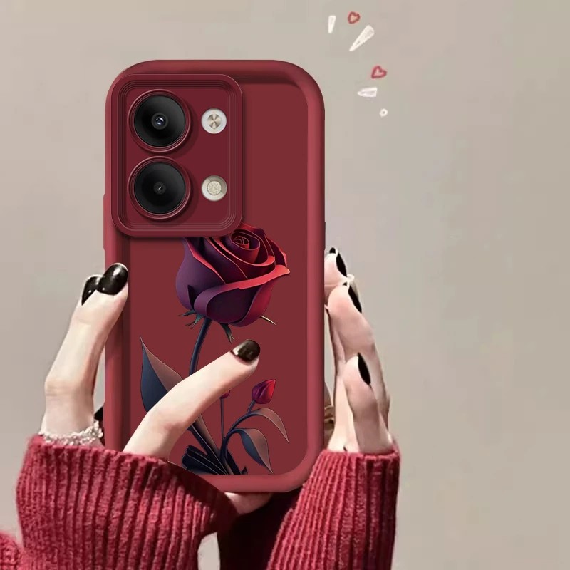 适用【OPPO Reno9】一朵暗红玫瑰亲肤硅胶全包摄像头防摔