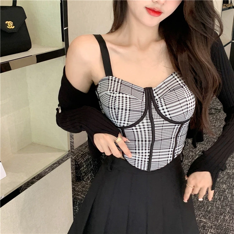 千鸟格美背背心带胸垫法式抹胸内衣女小众设计感印花打底内搭女