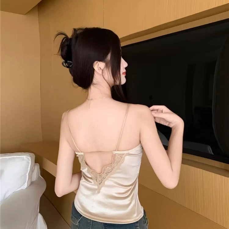 金丝绒美背背心带胸垫一体式纯欲风蕾丝V领设计感性感纯色打底女