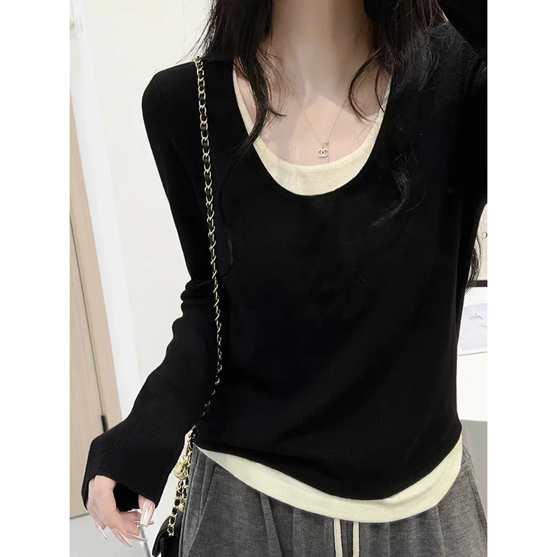 【黑色】3371超柔软新款高品质圆领假两件上衣