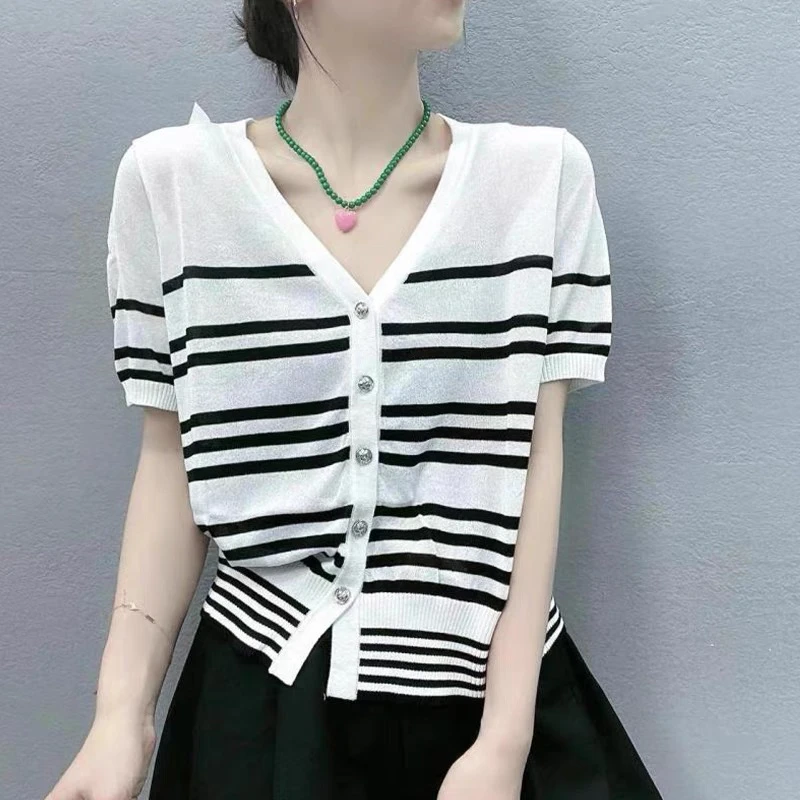 【紫色条纹】开衫外套3248超柔软新款高品质V领上衣