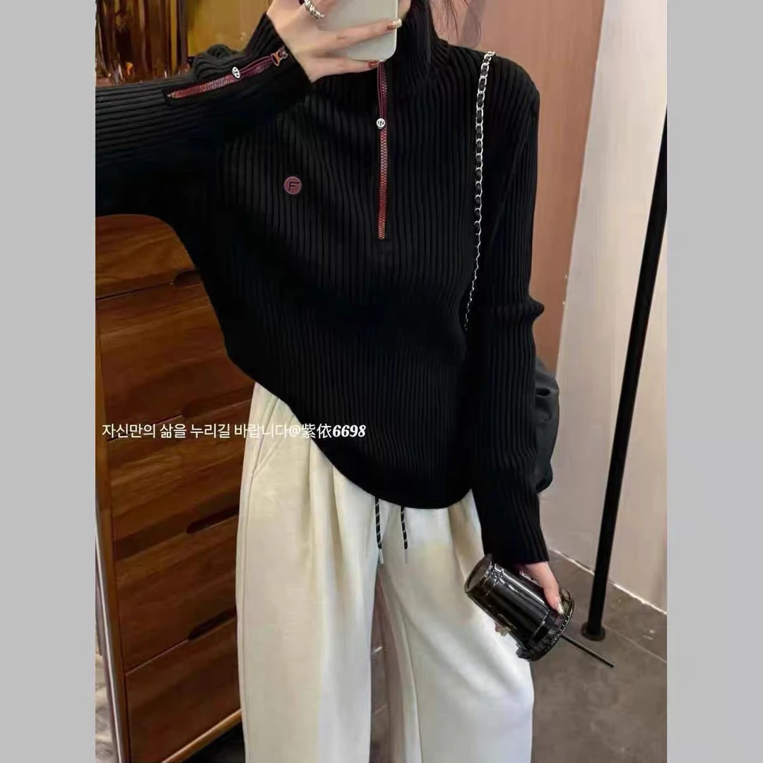 【安可拉红】3558超柔软高品质中领撞色拉链针织毛衣