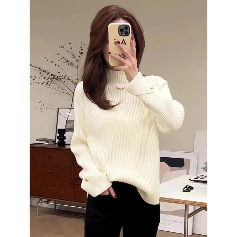 【米白色】3554超柔软高品质中领针织毛衣