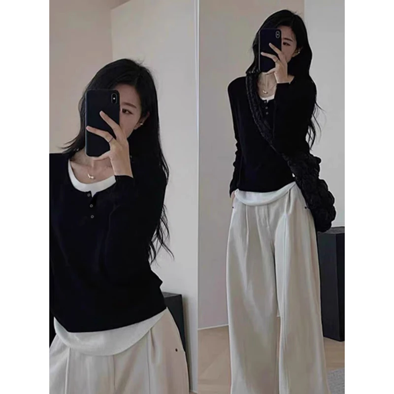 【红色】3342超柔软高品质圆领假两件上衣