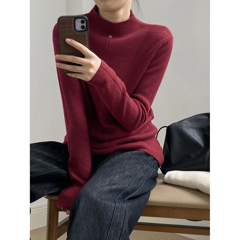 【酒红色】超细米羊绒3526超柔软高品质中领针织毛衣