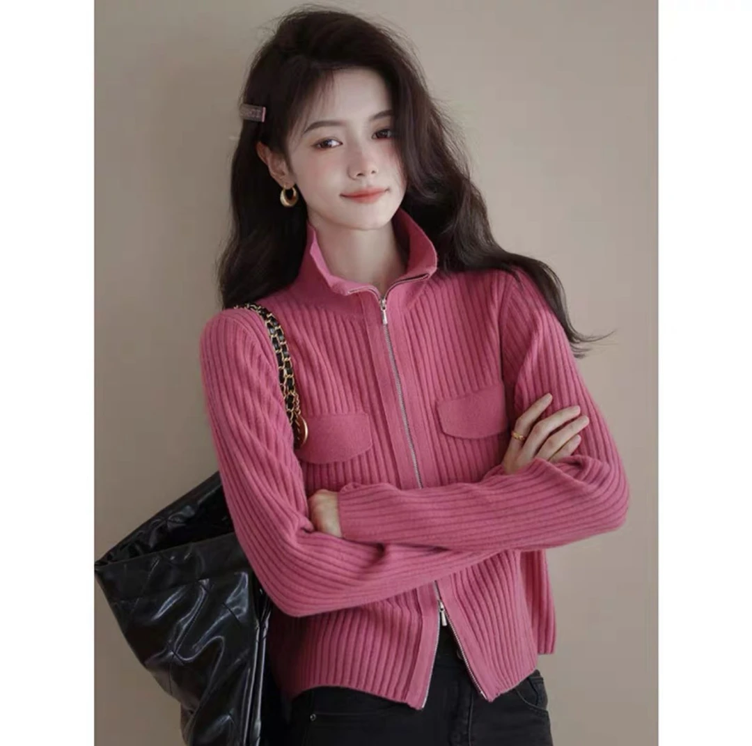 【粉色】开衫外套3387超柔软新款高品质双头拉链高领上衣