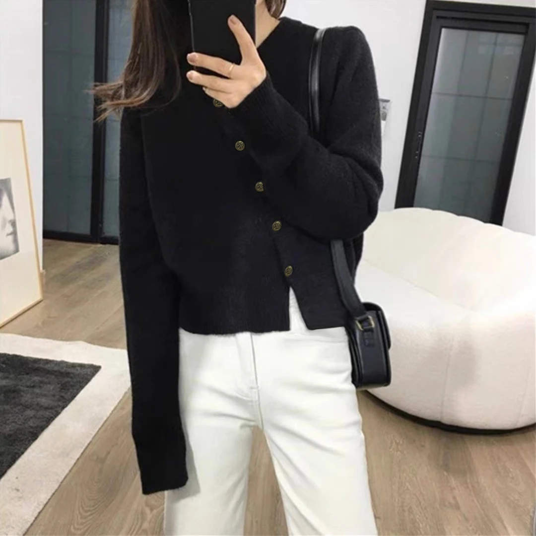 【黑色】开衫外套2788超柔软新款高品质圆领斜开扣上衣