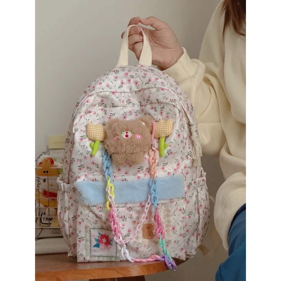 「少女日记」自制软萌小熊碎花书包女二次元校园大容量学生双肩包