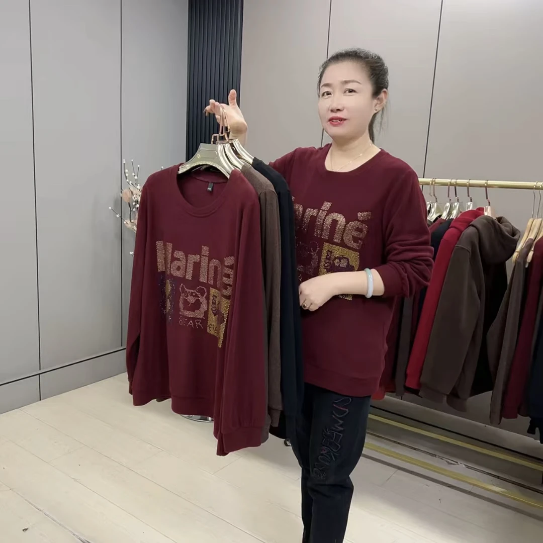 2915*大码时尚加肥百搭圆领宽松套头长袖上衣绒衫