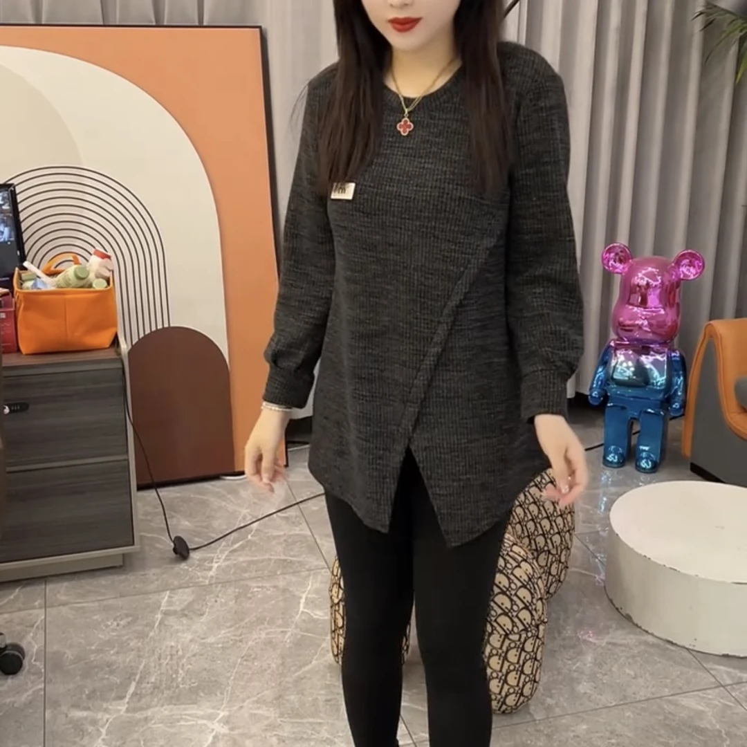 8085*大码时尚百搭圆领宽松显瘦套头洋气减龄不等式长袖上衣大衫