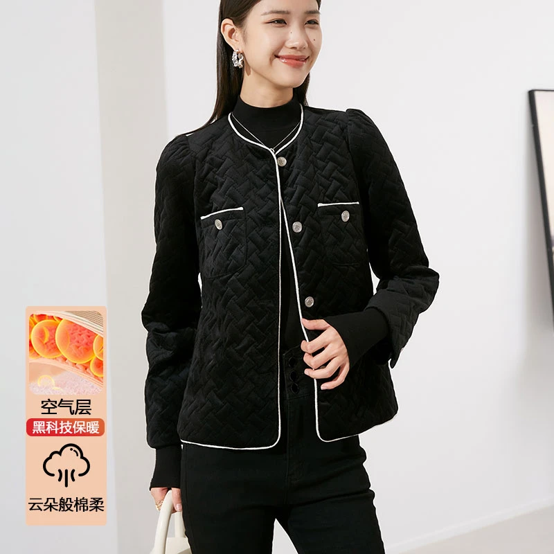 晚白冬季新款纯色外套简约气质圆领小香风短款夹棉棉服女23092309