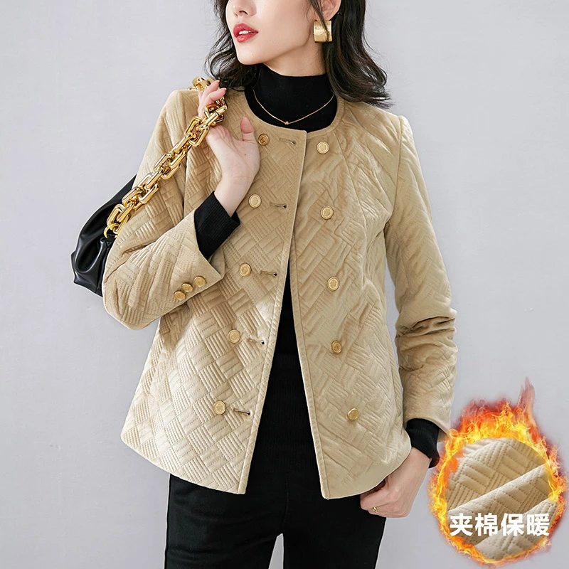 晚白冬季新品休闲纯色圆领长袖淑女短款夹棉外套棉服女22072002