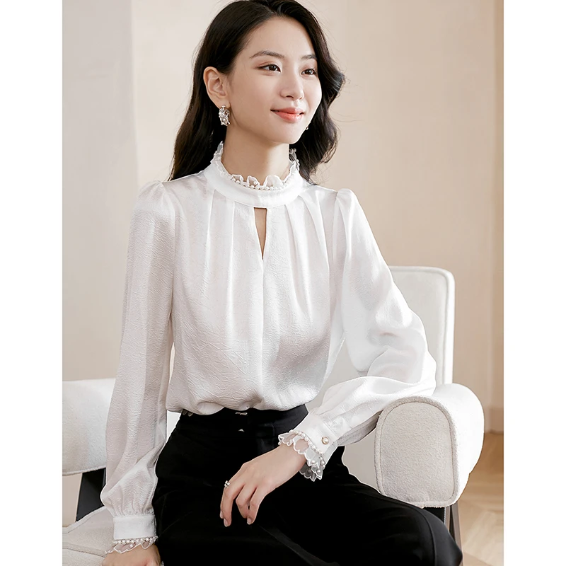 晚白春季新款立领衬衣淑女纯色长袖百搭纹理套头衬衫女23071211