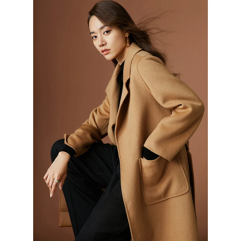 晚白冬季新款纯色双面呢外套休闲翻领简约长款羊毛大衣女23102360