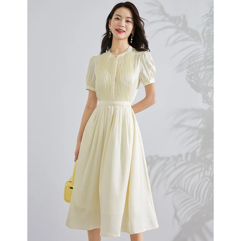 晚白夏季新款优雅淑女宽松遮肉长裙显瘦系带短袖连衣裙23030643