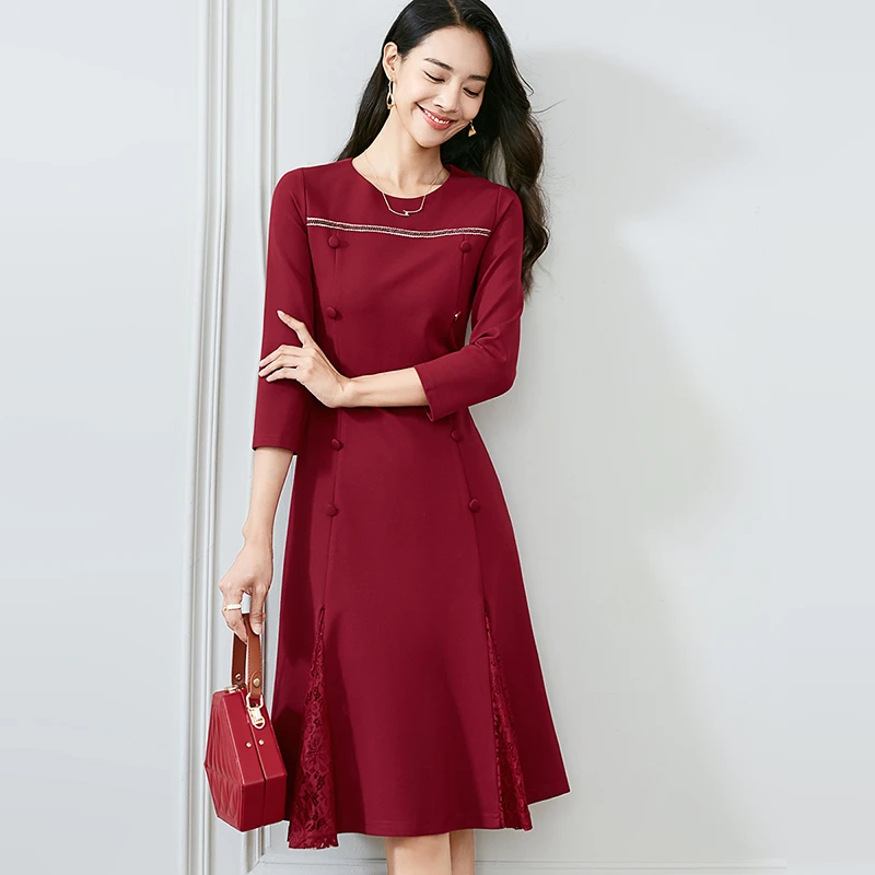 晚白秋季新款礼服红裙修身圆领通勤百搭休闲显瘦连衣裙23071852