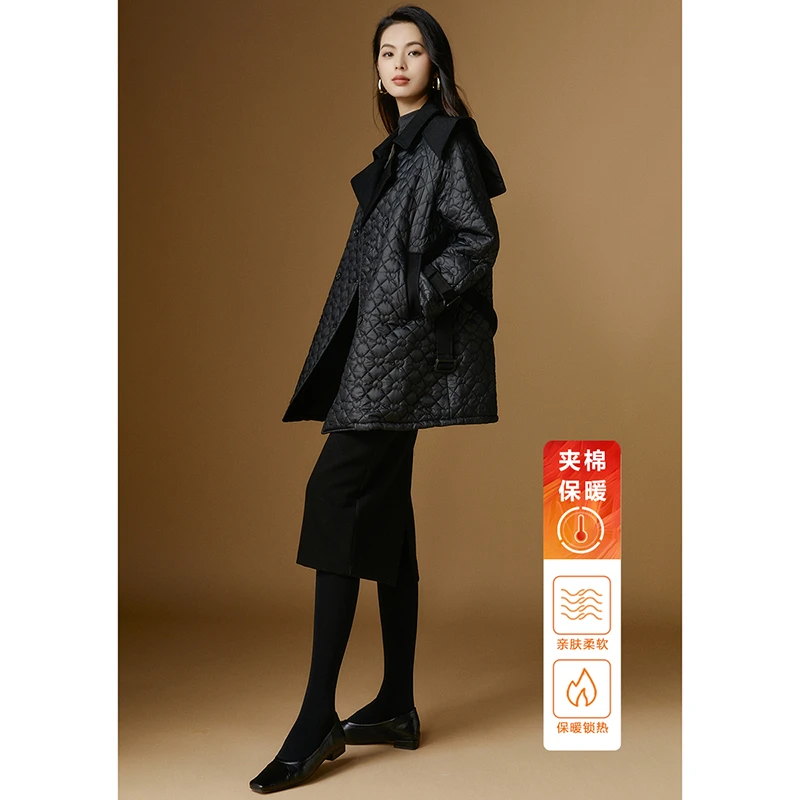 晚白冬新款休闲简约厚外套时尚翻领通勤夹棉棉服女24070642