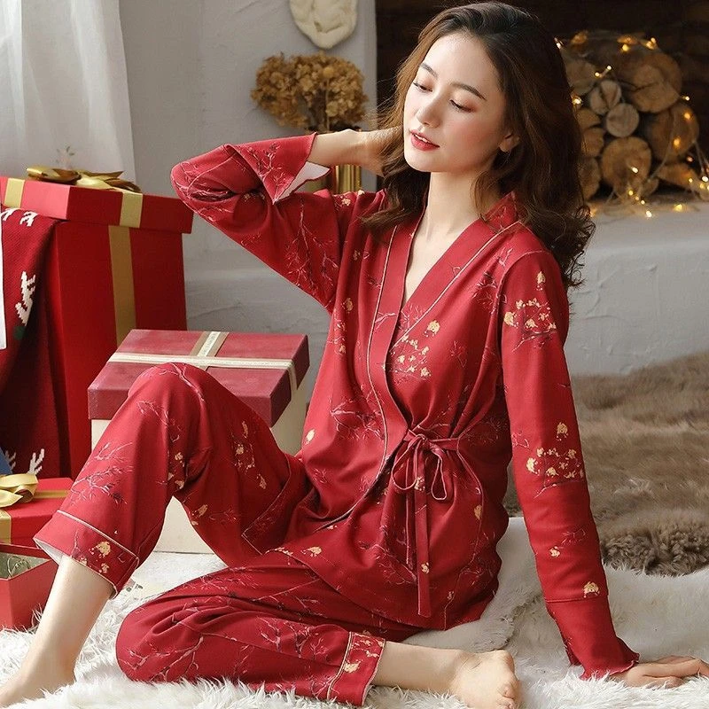 睡衣女春秋纯棉秋季长袖大码女士中国风和服红色本命年宽松家居服