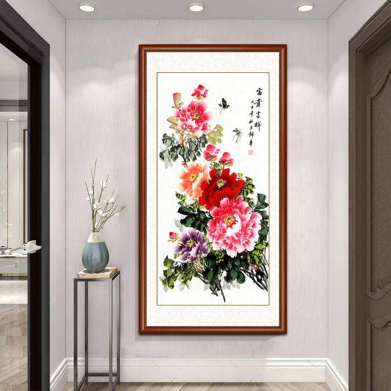 【牡丹图】入户玄关装饰画  高清微喷 过道走廊尽头竖版挂画