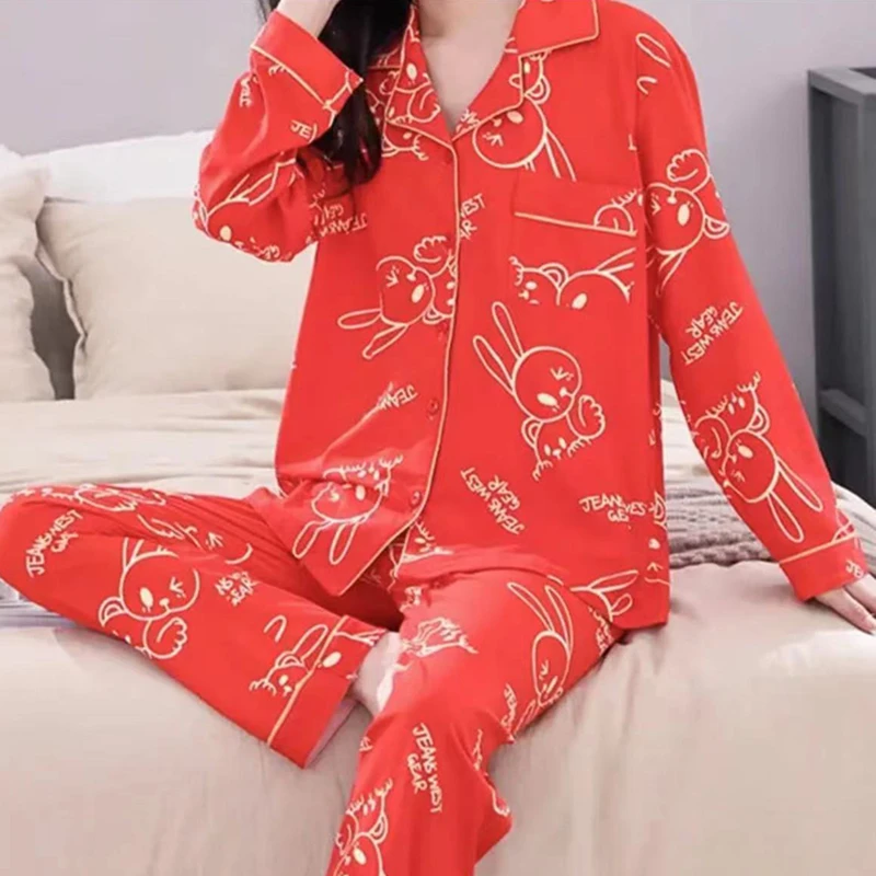 睡衣女春季小翻领开衫本命年红色卡通兔子印花家居服套装312