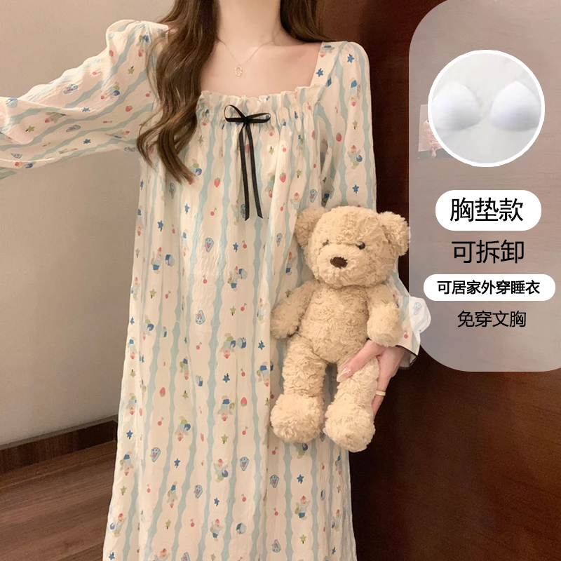公主风薄款带胸垫长袖睡裙女春秋新款宽松可外穿居家裙113