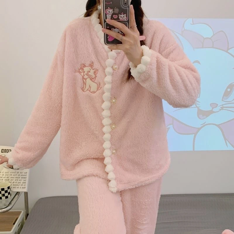 【星】睡衣女春秋冬季法兰绒加厚长袖套装粉色可爱休闲家居服4031