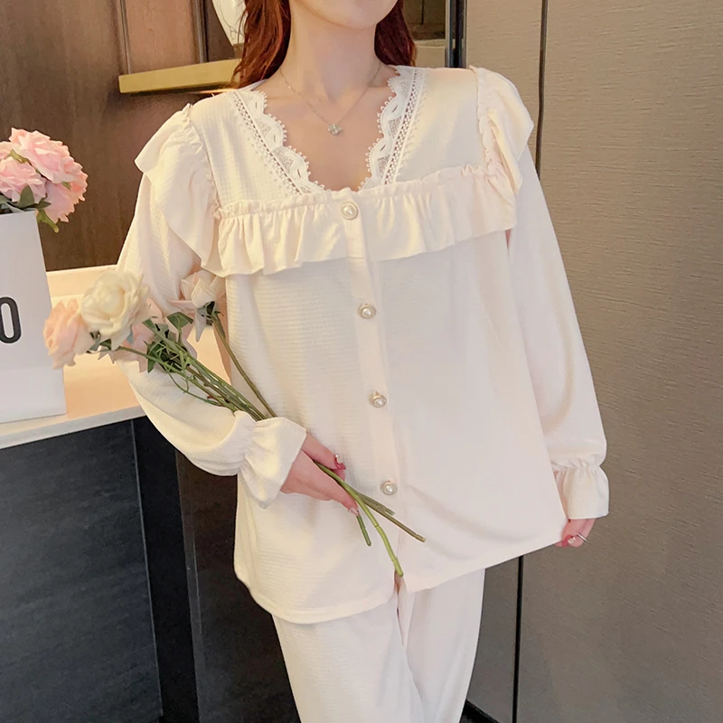 小香风睡衣女春秋季高级感华夫格长袖花边甜美开衫家居服3001
