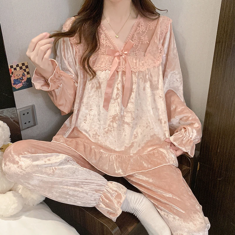 睡衣女春秋长袖蕾丝套装甜美性感女士套头秋冬可外穿家居服4026