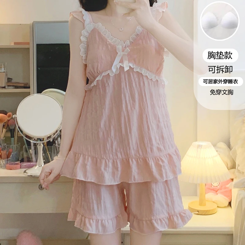 【星】蕾丝花边带胸垫吊带背心睡衣女夏季宫廷风外穿家居服3036