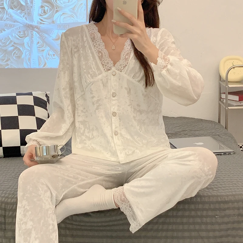 【星】春秋款睡衣女长袖花边2024年新款性感网红气质V领套装314