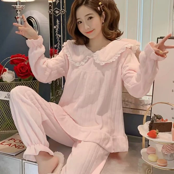 睡衣女秋冬季法兰绒大翻领宫廷风公主款甜美家居服保暖套装777