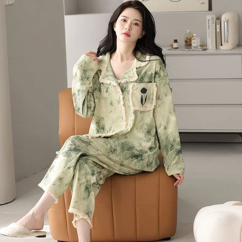 春秋ins甜美长袖睡衣女韩版网红国潮奢华薄款宽松家居服套装4037