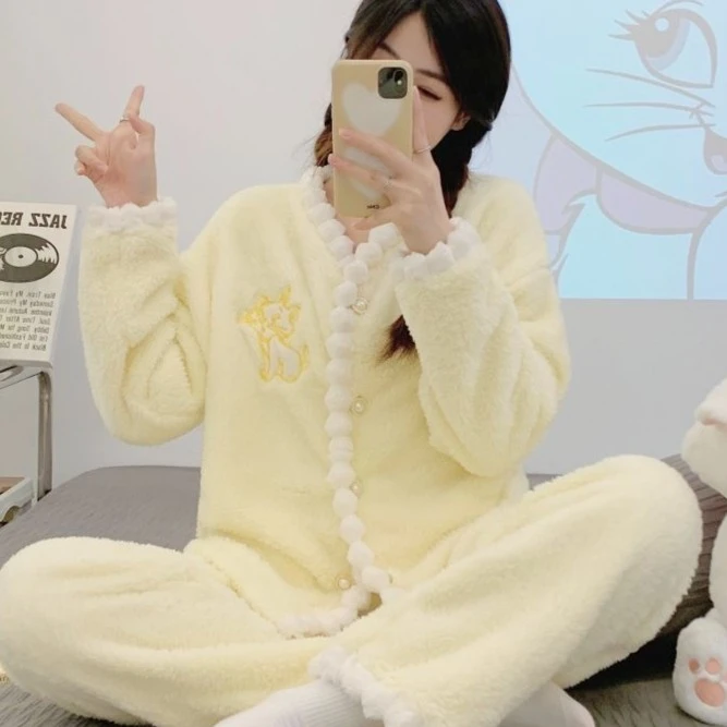 睡衣女春秋冬季法兰绒加厚长袖套装少女粉色可爱休闲家居服4031