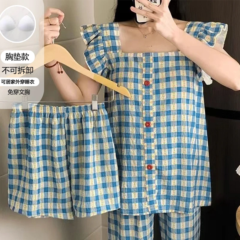 【星】三件套带胸垫小飞袖睡衣女夏季蓝色格子休闲家居服套装3114