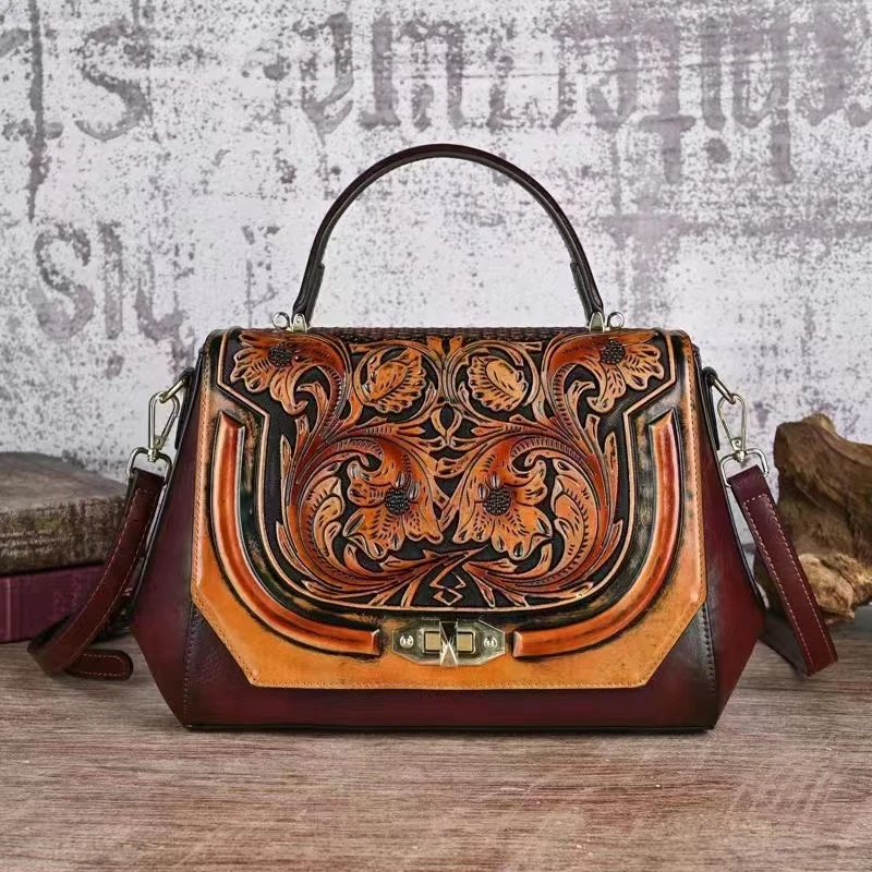 糖衣恋人2024年度冬季时尚新款手工雕刻复古女包单间斜挎手提女包