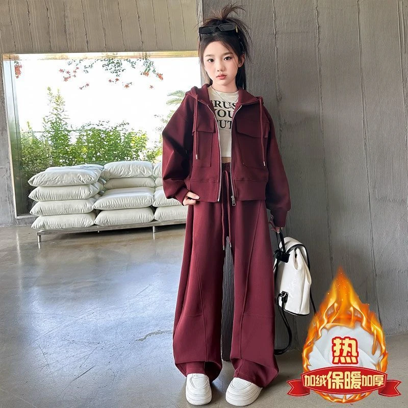女童加绒运动套装秋冬2025新款中大童外套洋气时髦秋装儿童两件套