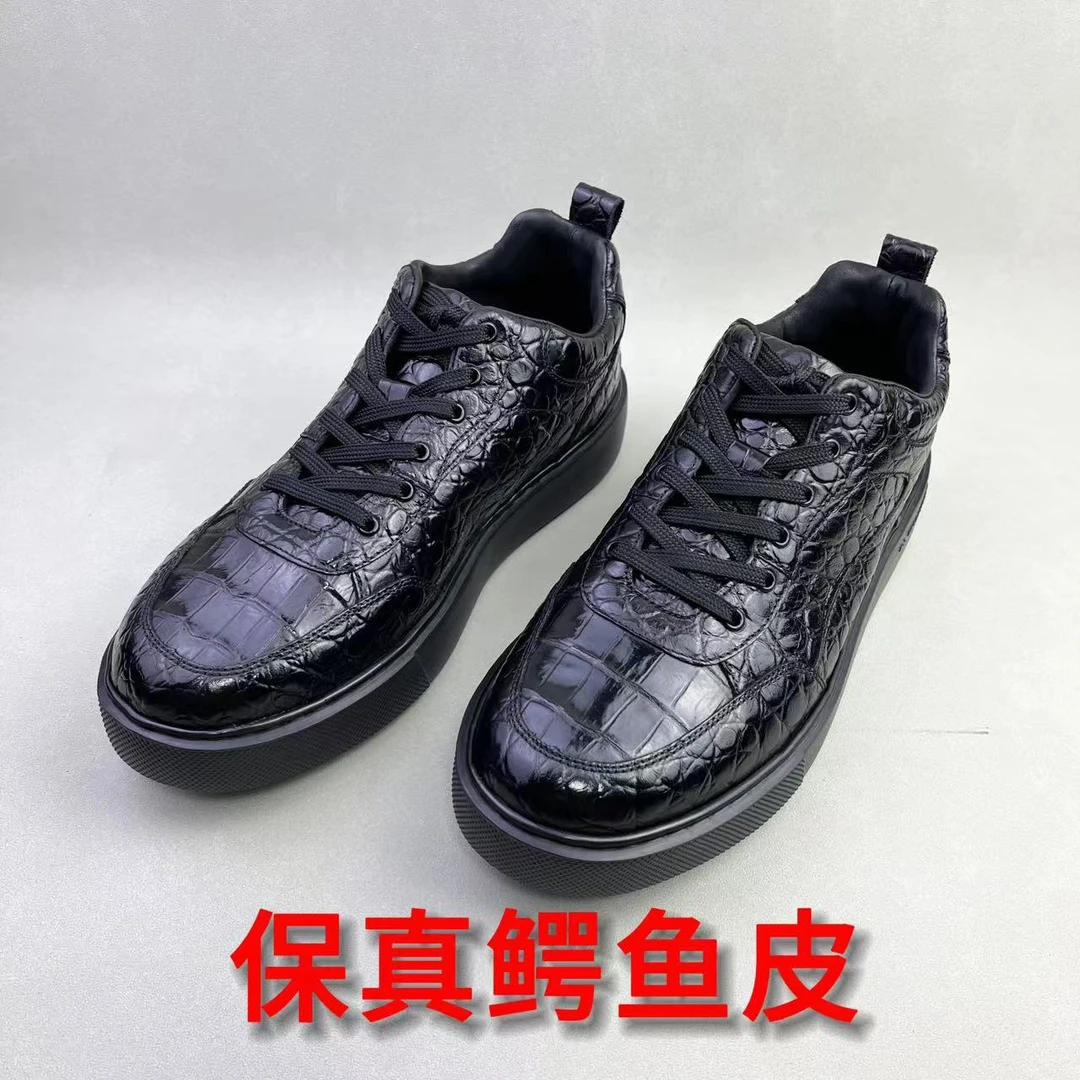 真鳄鱼皮商务真皮休闲运动鞋百搭韩版男款高档爆款透气板鞋系带