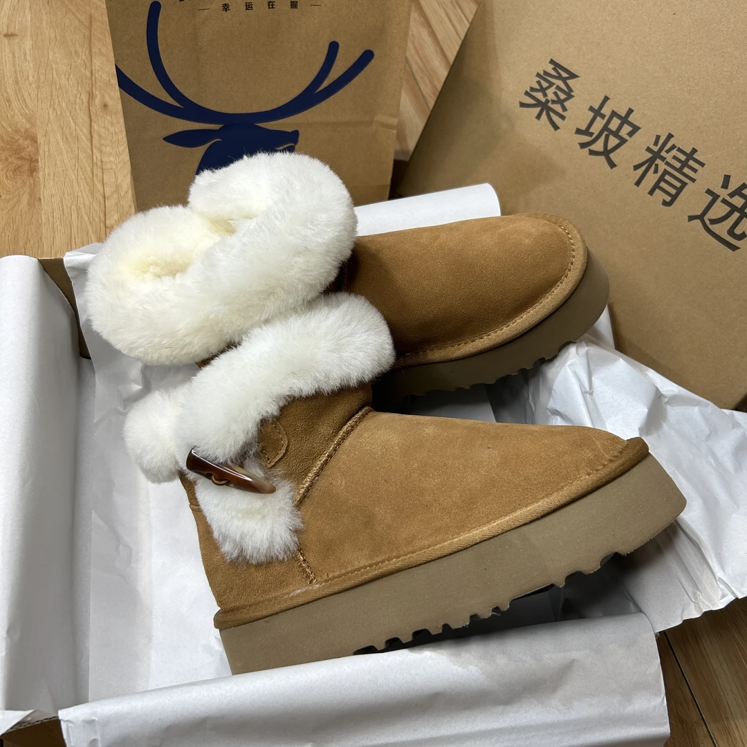 LINNRUGG牛角扣款厚底雪地靴时尚百搭冬季爆款真皮毛