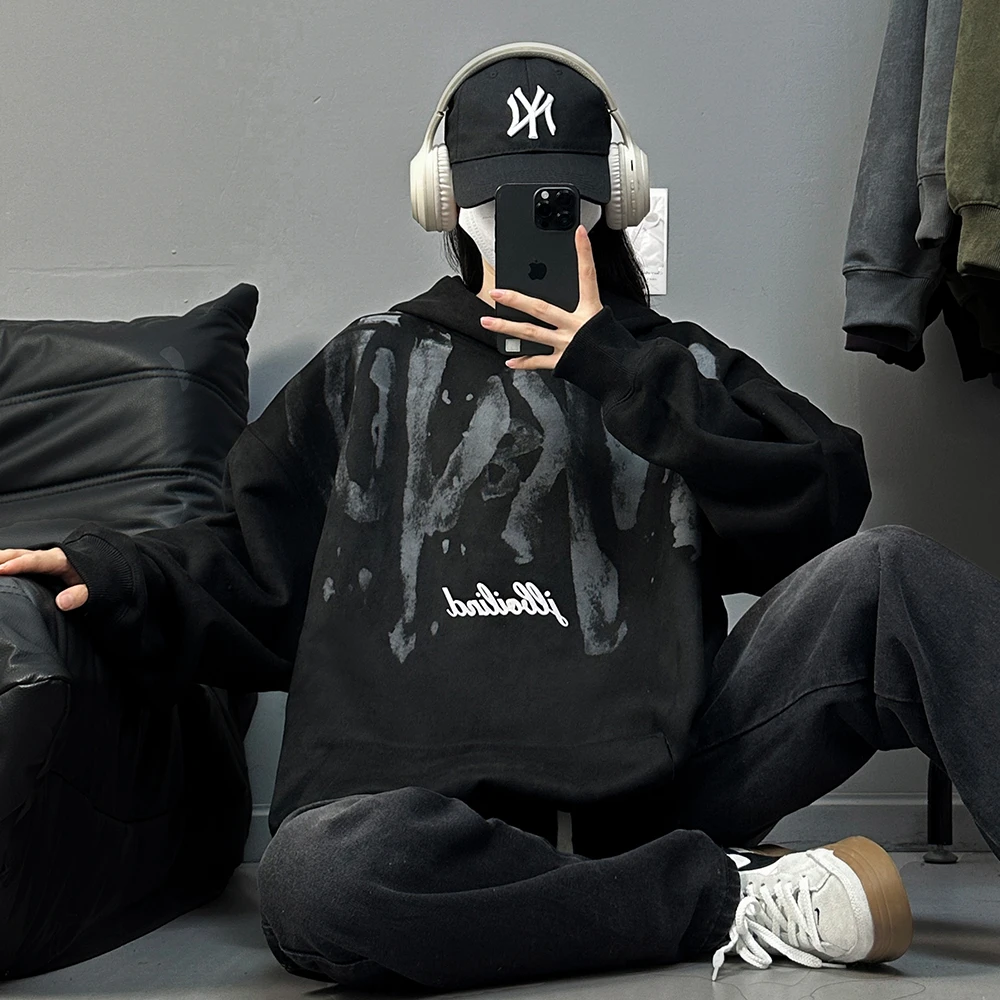 美式连帽卫衣男秋季高街潮牌鹿皮绒印花上衣重磅oversize情侣外套