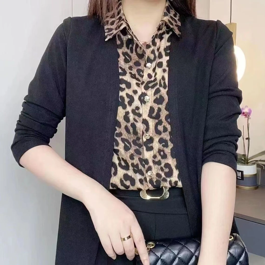 高档印花上衣豹纹高端外穿甜美遮肚新款韩版长袖POLO衫领妈妈装