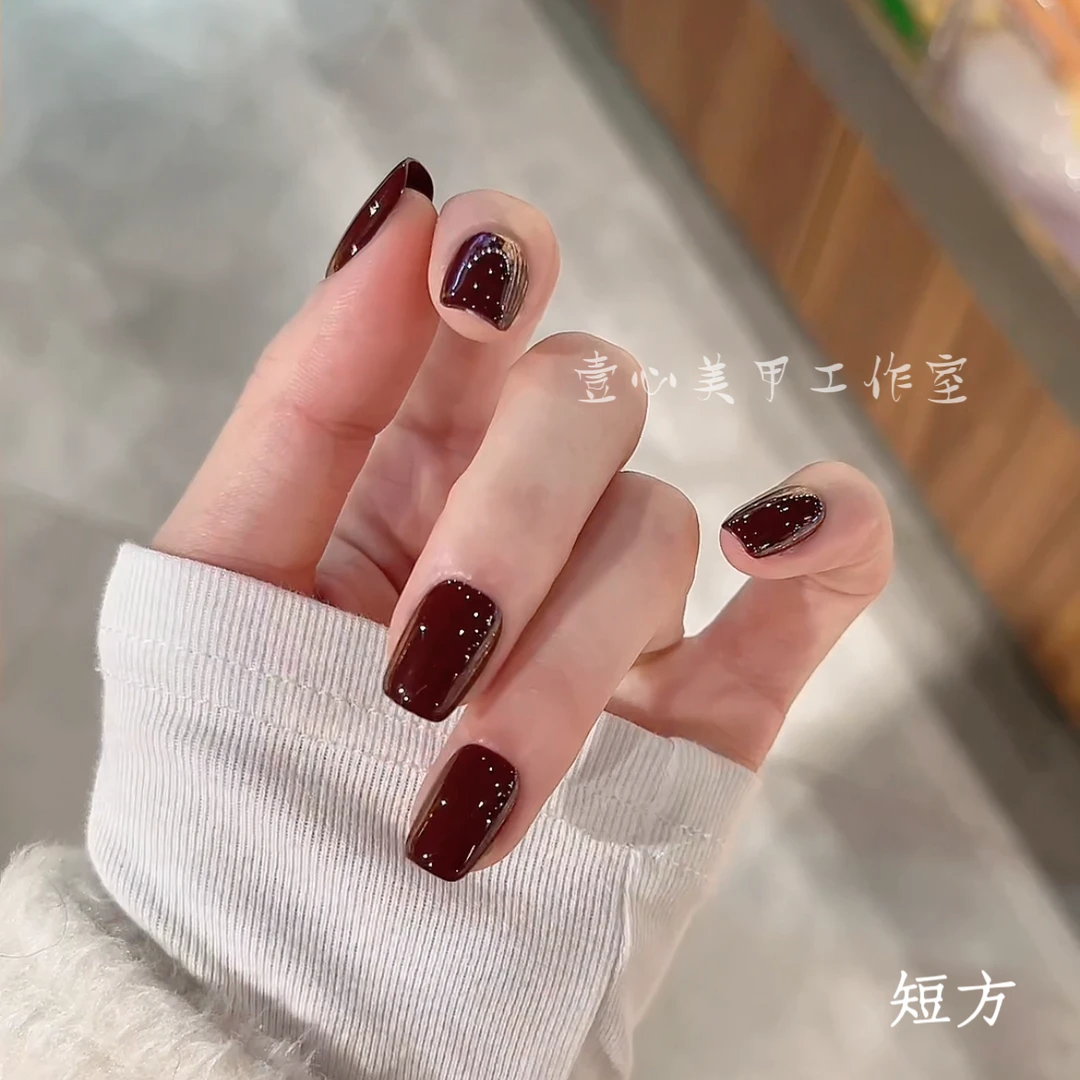 纯手工定制穿戴甲-丝绒红棕-美甲贴片可拆卸假指甲贴10片