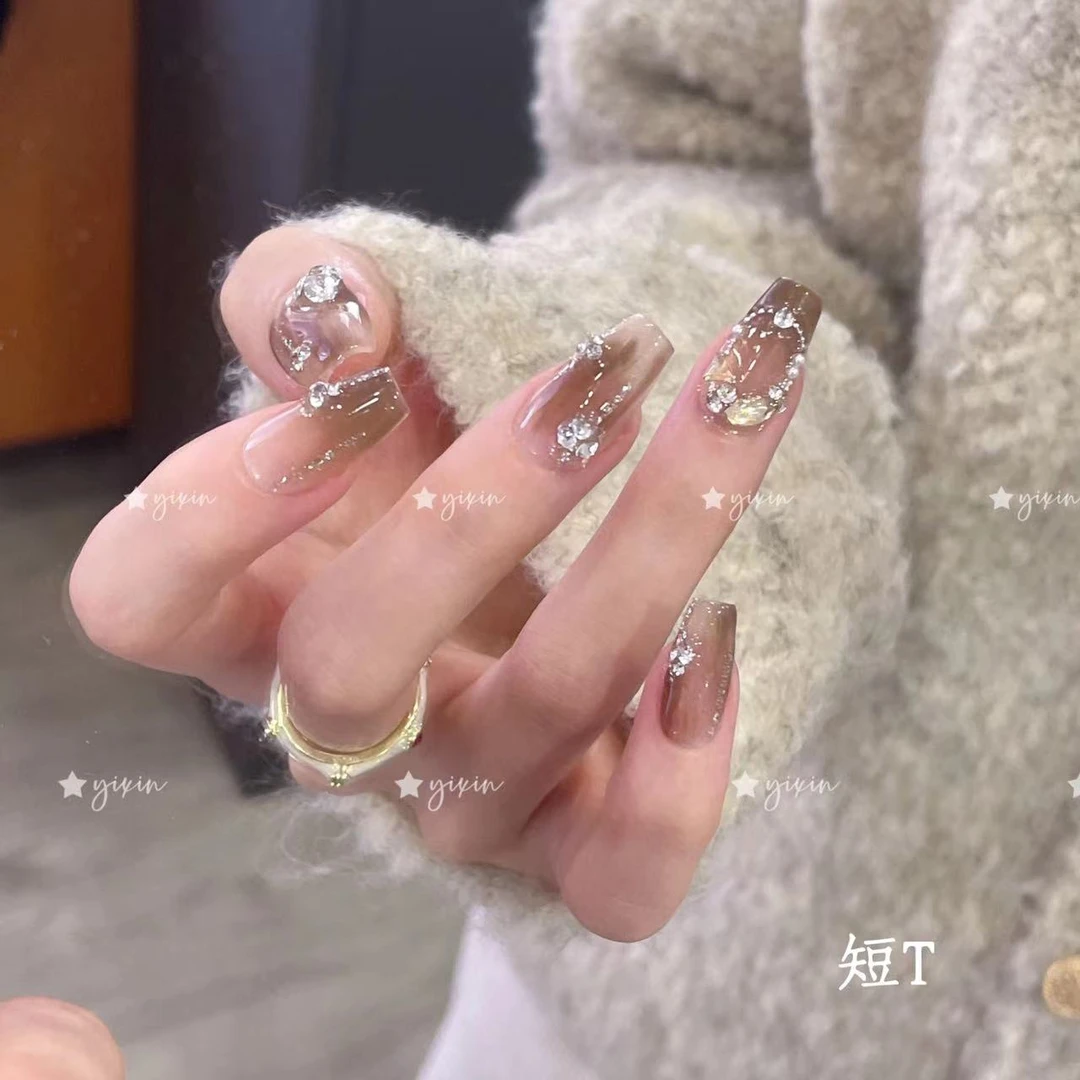 现货48小时发纯手工定制穿戴甲琉璃琥珀美甲贴片可拆卸假指甲贴