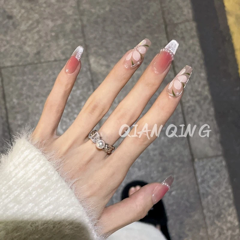 纯手工定制穿戴甲温柔山茶美甲贴片可拆卸假指甲贴春夏小红书爆款